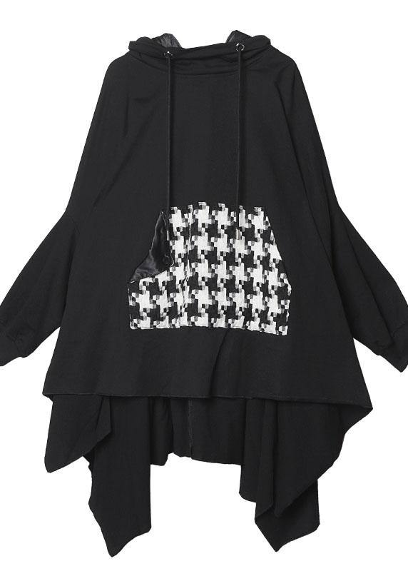 Classy hooded asymmetric cotton patchwork shirts women Cotton black top - SooLinen