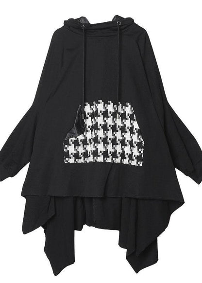 Classy hooded asymmetric cotton patchwork shirts women Cotton black top - SooLinen