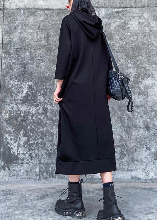 Classy hooded side open spring Wardrobes black Dress - SooLinen