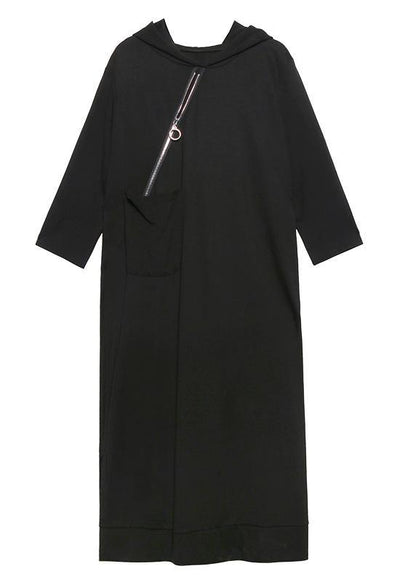 Classy hooded side open spring Wardrobes black Dress - SooLinen