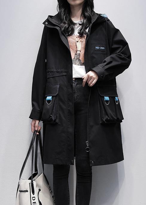 Classy hooded zippered Fine outwear black Letter Midi women coats - SooLinen
