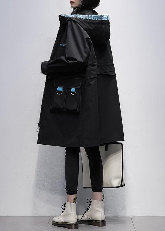 Classy hooded zippered Fine outwear black Letter Midi women coats - SooLinen