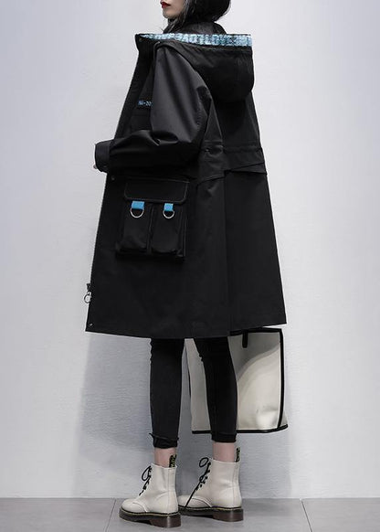 Classy hooded zippered Fine outwear black Letter Midi women coats - SooLinen