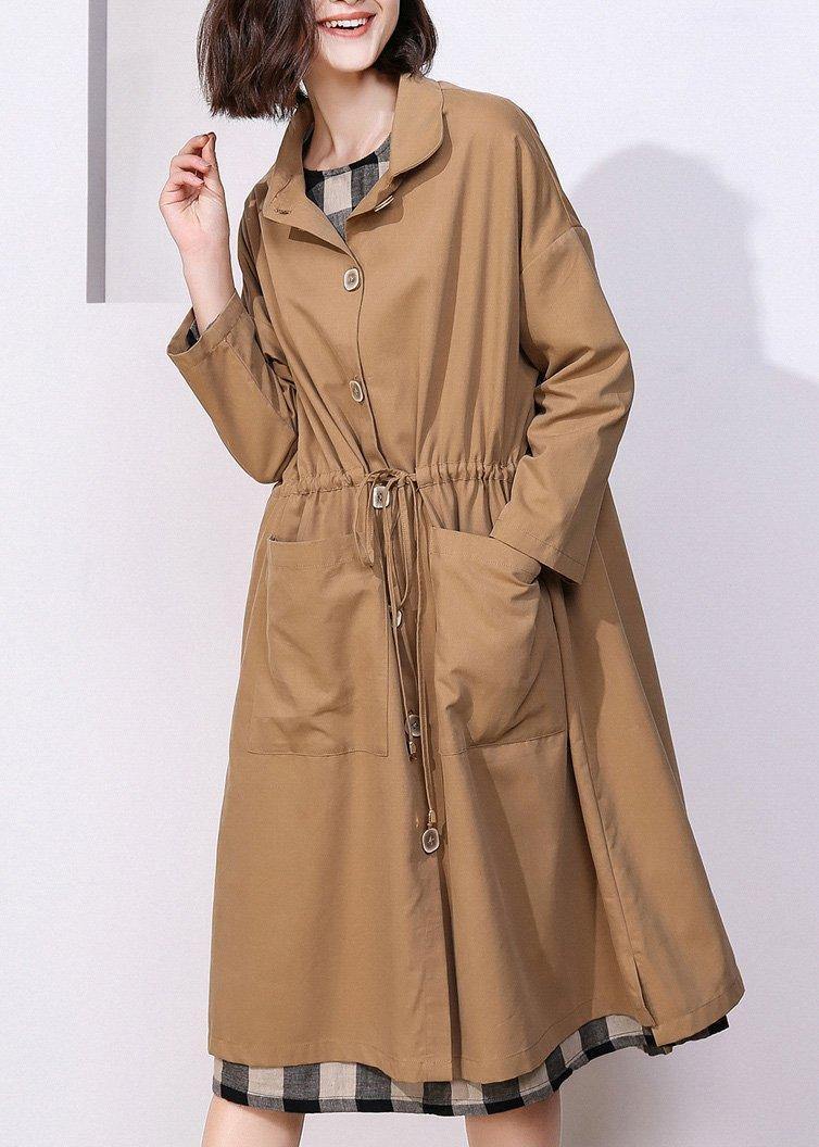 Classy khaki Plus Size clothes For Women Photography drawstring spring coat - SooLinen