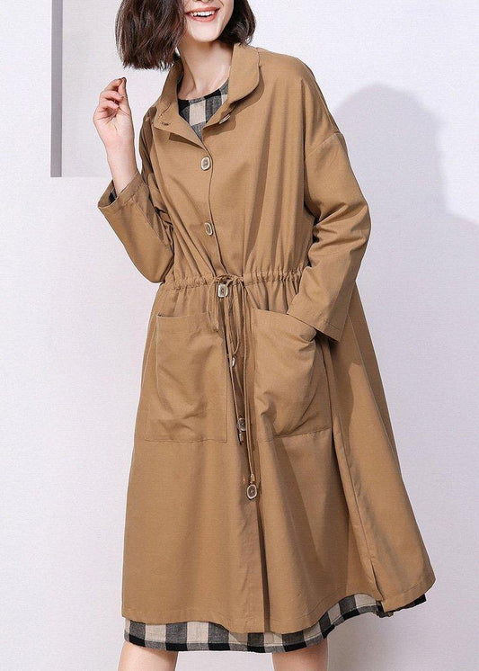 Classy khaki Plus Size clothes For Women Photography drawstring spring coat - SooLinen