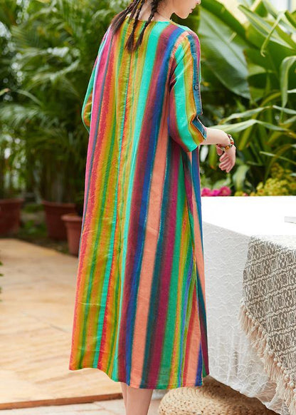Classy multicolor striped linen clothes For Women o neck pockets summer Dresses - SooLinen