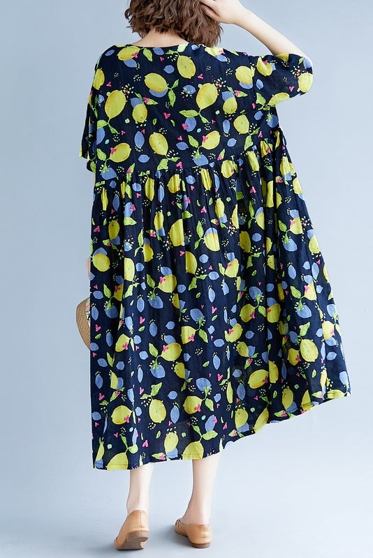 Classy navy print linen dresses plus size Work o neck short sleeve cotton robes Summer Dresses