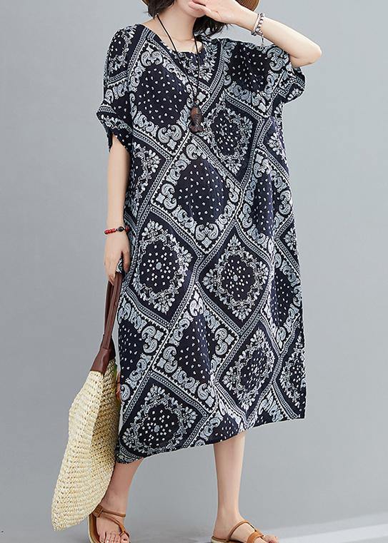 Classy navy prints cotton linen Soft Surroundings o neck Traveling summer - SooLinen