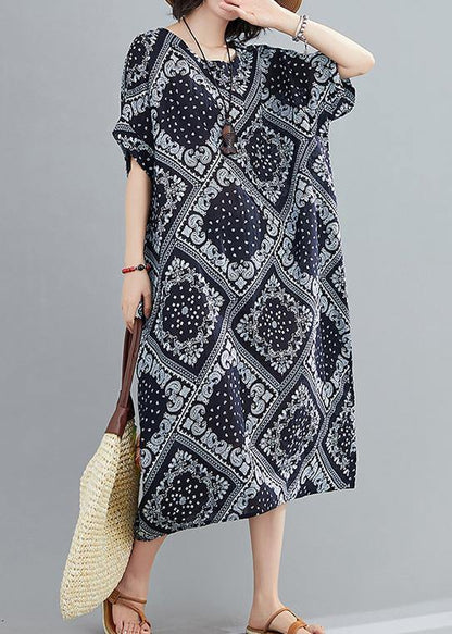 Classy navy prints cotton linen Soft Surroundings o neck Traveling summer - SooLinen