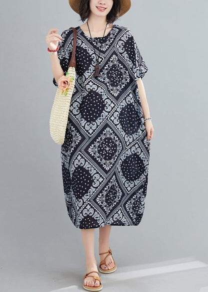 Classy navy prints cotton linen Soft Surroundings o neck Traveling summer - SooLinen