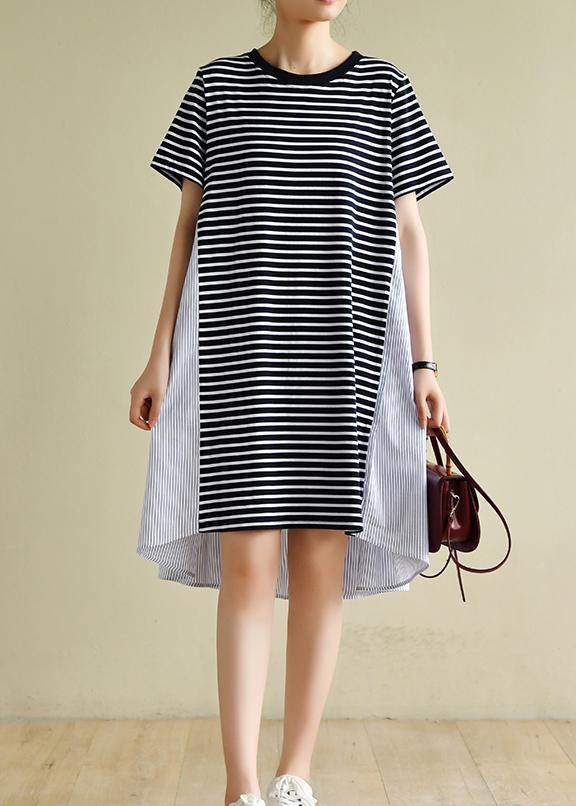Classy navy striped clothes o neck patchwork baggy Dress - SooLinen