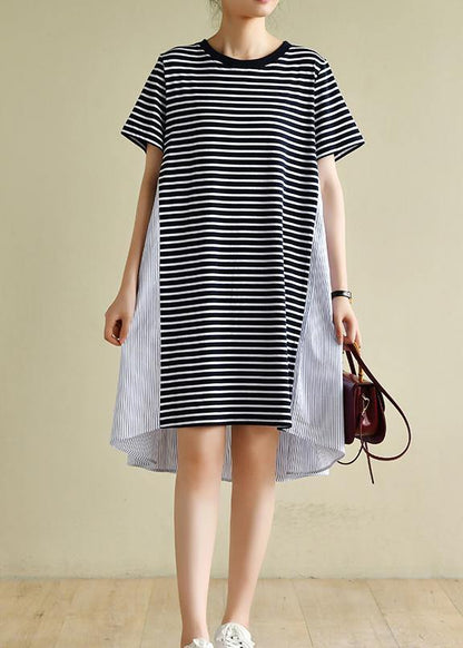 Classy navy striped clothes o neck patchwork baggy Dress - SooLinen