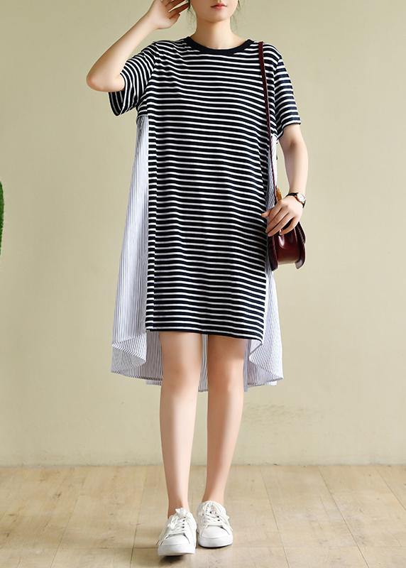 Classy navy striped clothes o neck patchwork baggy Dress - SooLinen