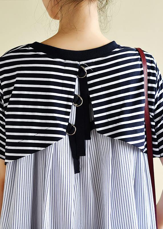 Classy navy striped clothes o neck patchwork baggy Dress - SooLinen