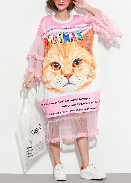 Edle O-Ausschnitt süße Baumwolltuniken 2019 Nähen rosa Patchworkkleid Sommer