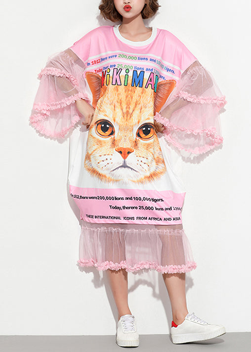 Edle O-Ausschnitt süße Baumwolltuniken 2019 Nähen rosa Patchworkkleid Sommer