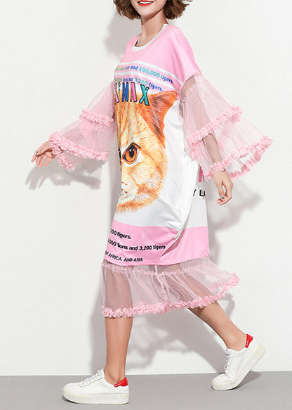 Edle O-Ausschnitt süße Baumwolltuniken 2019 Nähen rosa Patchworkkleid Sommer