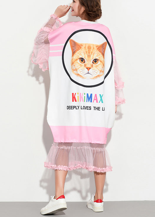 Edle O-Ausschnitt süße Baumwolltuniken 2019 Nähen rosa Patchworkkleid Sommer