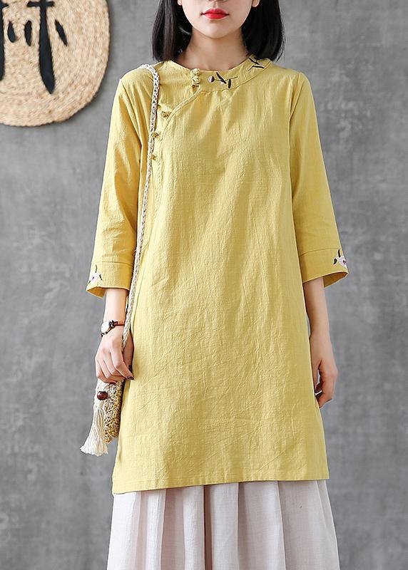 Classy o neck embroidery linen Robes Work light blue Dress - SooLinen