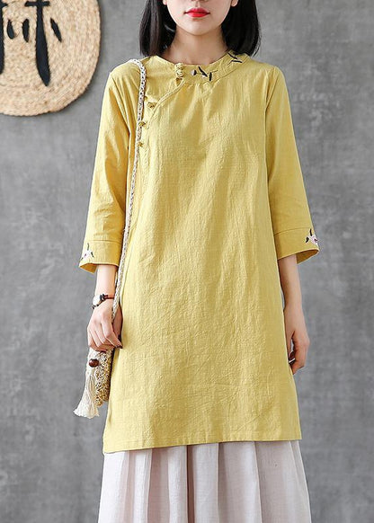 Classy o neck embroidery linen Robes Work light blue Dress - SooLinen