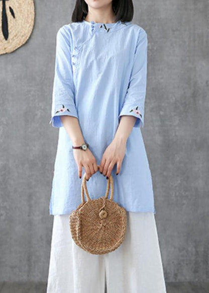 Classy o neck embroidery linen Robes Work light blue Dress - SooLinen