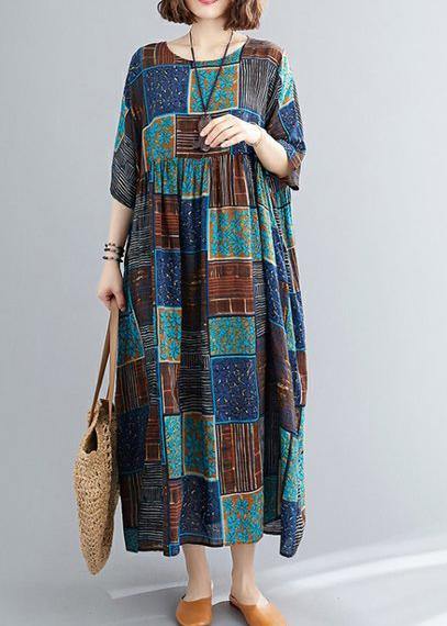 Classy o neck exra large hem cotton linen dresses Runway blue print Dress - SooLinen