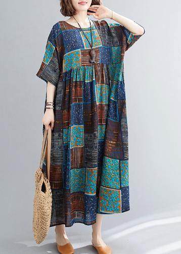 Classy o neck exra large hem cotton linen dresses Runway blue print Dress - SooLinen