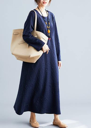 Classy o neck jacquard cotton Wardrobes Tunic navy Traveling Dresses fall - SooLinen