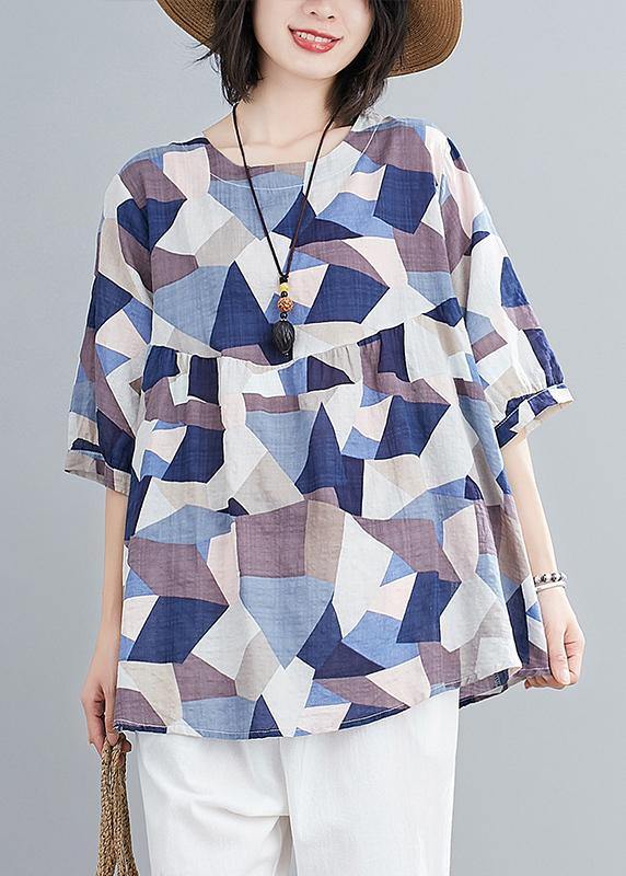 Classy o neck lantern sleeve linen summer tunics for women blue print shirts - SooLinen