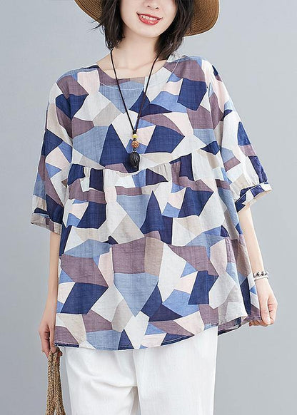 Classy o neck lantern sleeve linen summer tunics for women blue print shirts - SooLinen