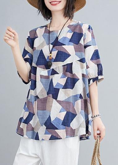 Classy o neck lantern sleeve linen summer tunics for women blue print shirts - SooLinen