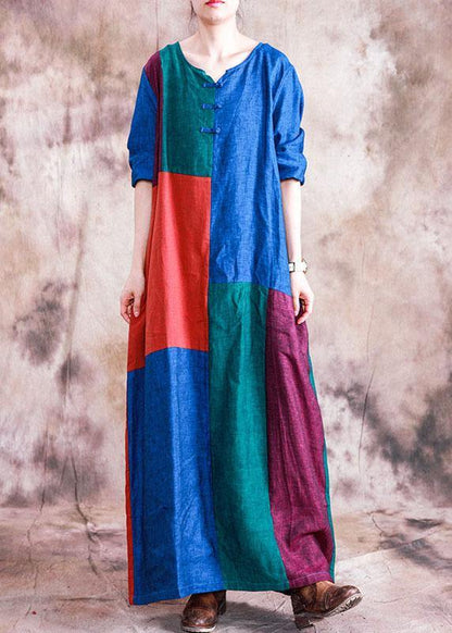 Classy o neck linen dress Wardrobes patchwork color Dress fall - SooLinen