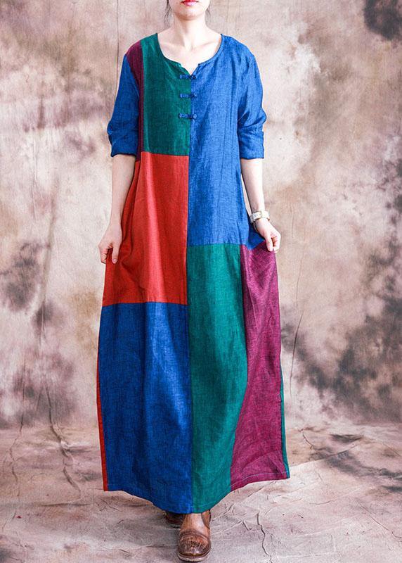 Classy o neck linen dress Wardrobes patchwork color Dress fall - SooLinen