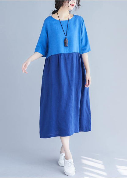 Classy o neck patchwork cotton Wardrobes Work blue loose Dress summer - SooLinen