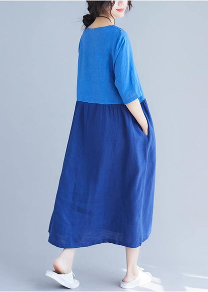 Classy o neck patchwork cotton Wardrobes Work blue loose Dress summer - SooLinen