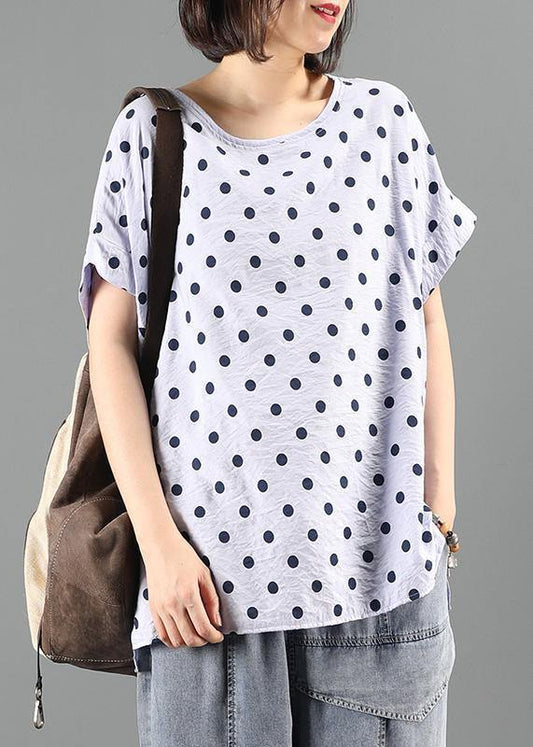 Classy o neck shirts light purple dotted short tops - SooLinen