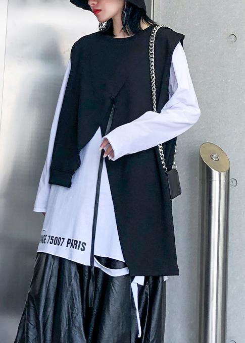 Classy o neck sleeveless asymmetric cotton tunic pattern Neckline black blouse - SooLinen