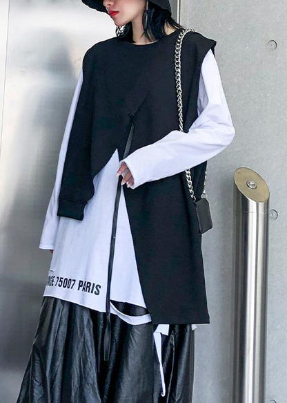 Classy o neck sleeveless asymmetric cotton tunic pattern Neckline black blouse - SooLinen