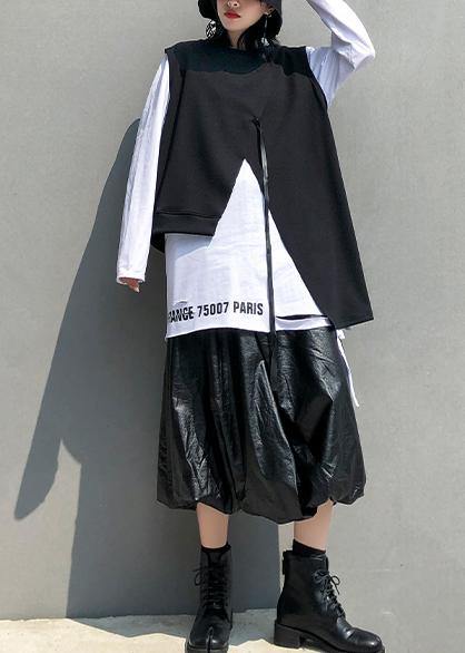 Classy o neck sleeveless asymmetric cotton tunic pattern Neckline black blouse - SooLinen