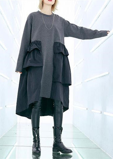 Edle Patchwork-Baumwollgarderoben mit großen Ärmeln in Grau mit weitem Bein