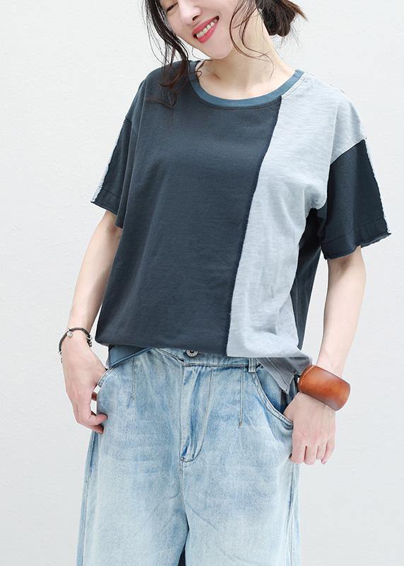 Classy patchwork cotton shirts women short sleeve o neck shirts - SooLinen