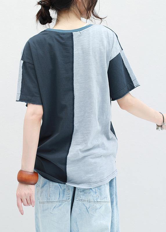 Classy patchwork cotton shirts women short sleeve o neck shirts - SooLinen