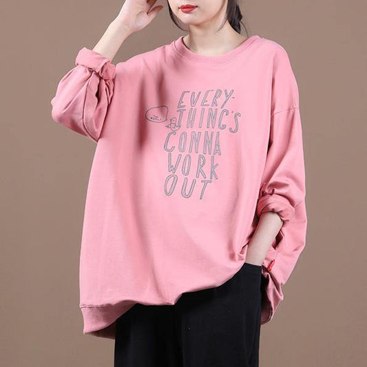 Classy pink Letter tunics for women o neck patchwork oversized top - SooLinen