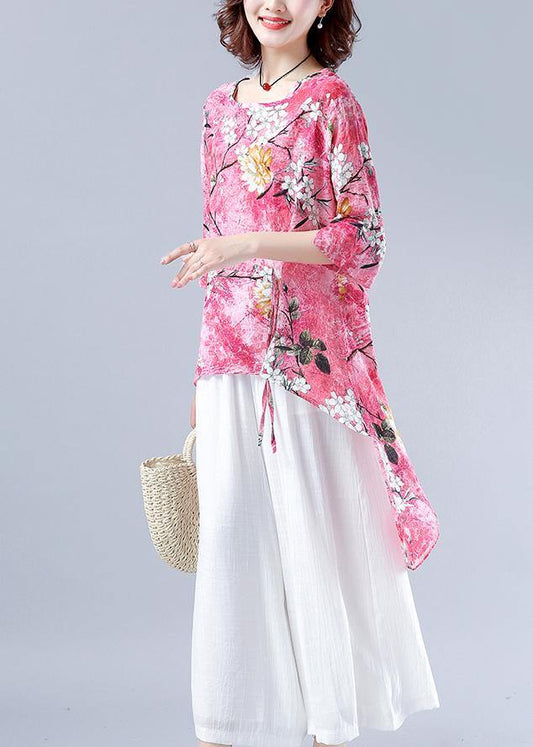 Classy pink Plant printing clothes For Women o neck asymmetric tops - SooLinen