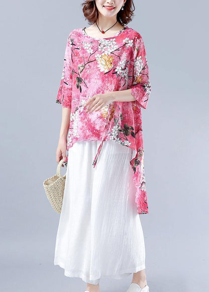 Classy pink Plant printing clothes For Women o neck asymmetric tops - SooLinen