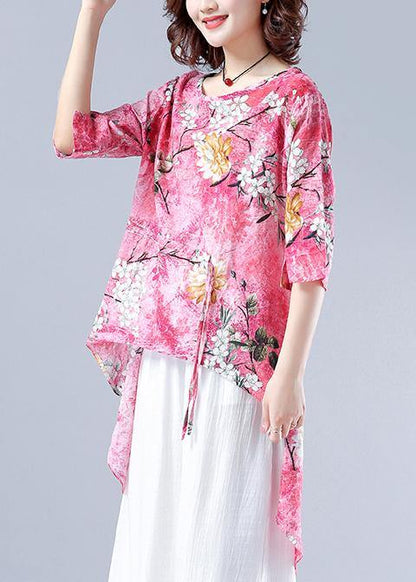 Classy pink Plant printing clothes For Women o neck asymmetric tops - SooLinen