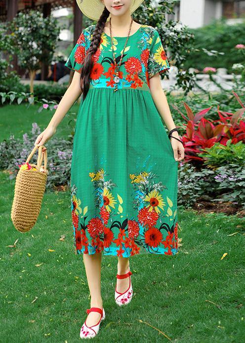Classy print cotton clothes Women Tutorials green Robe Dress summer - SooLinen