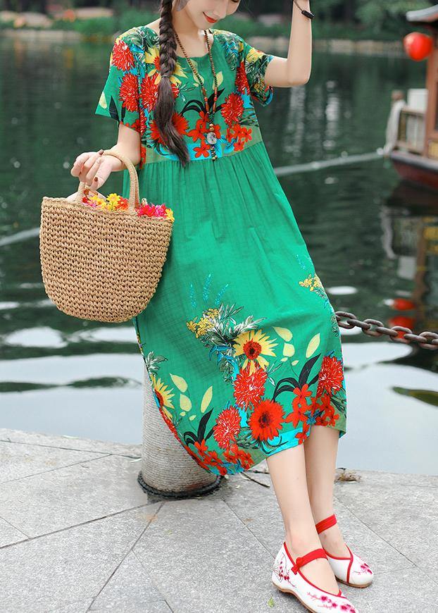 Classy print cotton clothes Women Tutorials green Robe Dress summer - SooLinen