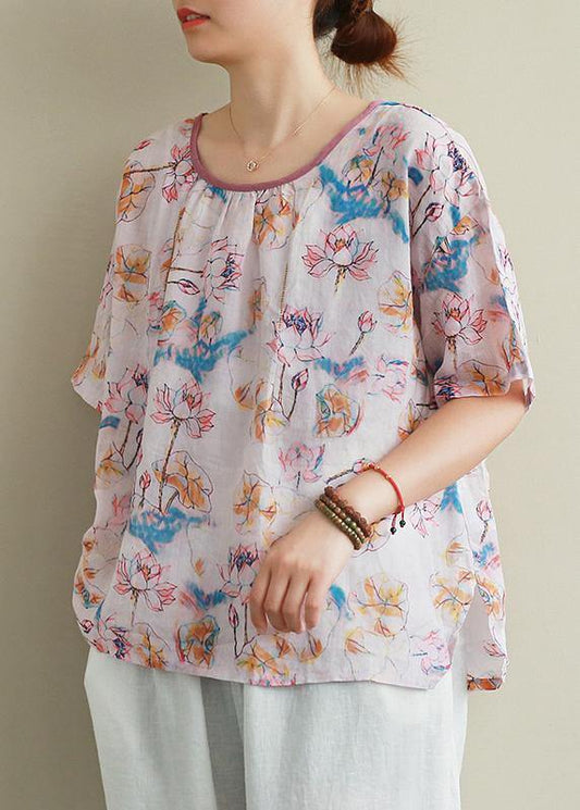 Classy print pink linen cotton clothes Neckline o neck summer top - SooLinen
