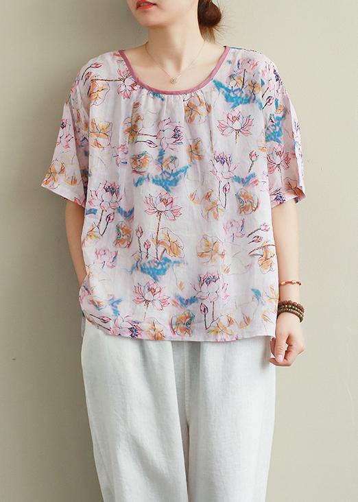 Classy print pink linen cotton clothes Neckline o neck summer top - SooLinen